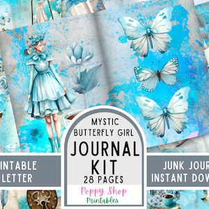 Junk Journal Kit, Mystic Girl Blauer Schmetterling, Fantasy, Lesen, Kaffee, bedruckbar, Junk Journal Seiten, Vintage, Scrapbook, Sofort Download