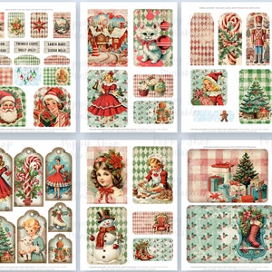 Op de afbeelding: Een verzameling vintage kerst-ephemera, waaronder labels en uitsparingen. De ontwerpen tonen de kerstman, kinderen, sneeuwpoppen en kerstbomen in een retro-stijl. Het kleurenpalet omvat rood, groen en cr&egrave;me.