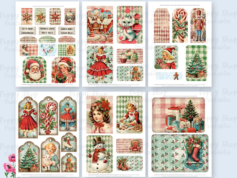 Op de afbeelding: Een verzameling vintage kerst-ephemera, waaronder labels en uitsparingen. De ontwerpen tonen de kerstman, kinderen, sneeuwpoppen en kerstbomen in een retro-stijl. Het kleurenpalet omvat rood, groen en cr&egrave;me.