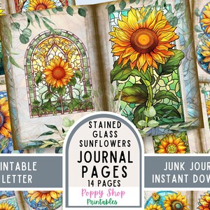 Stained Glass Sunflower Journal Pages, Junk Journal, Printable Pages, Sunflower, Paper, Vintage, Scrapbook, Paper Craft. Instant Download