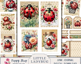 Ladybug Ephemera, Ladybug Junk Journal, Kit, Floral, Garden, Ephemera, Pockets, Shabby, Paper Craft, Collage Sheet, Printable, Download