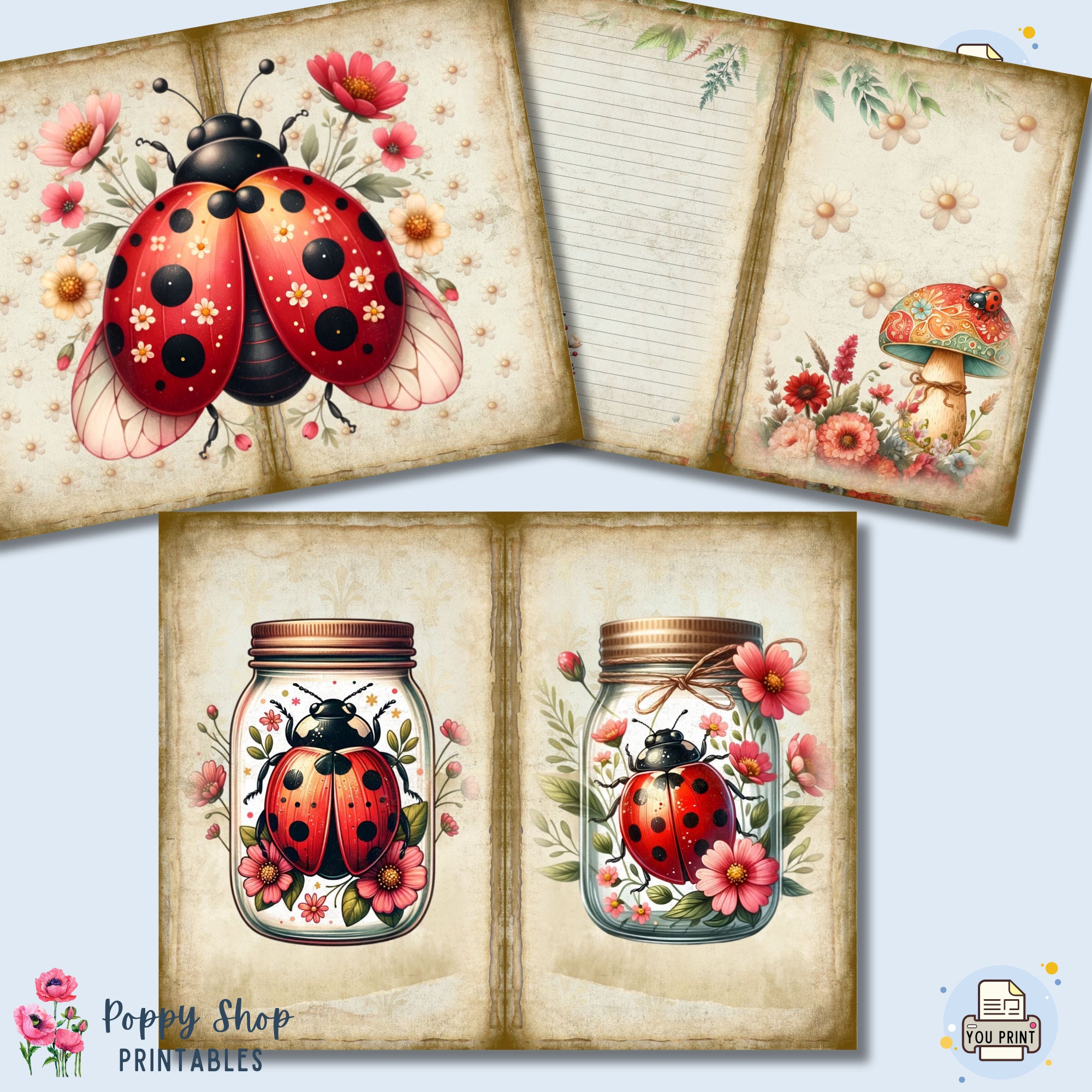 Ladybug Junk Journal, Ladybug Journal Pages, Floral, Colorful ...