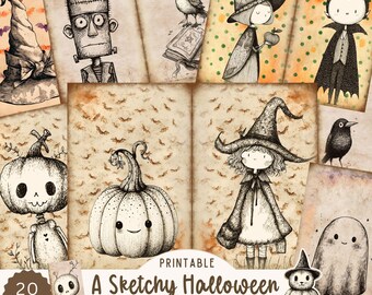 May include: A collection of printable Halloween-themed junk journal pages. The pages feature hand-drawn illustrations of pumpkins, witches, Frankenstein's monster, and other spooky characters. The text on the pages reads "A Sketchy Halloween Junk Journal Pages".