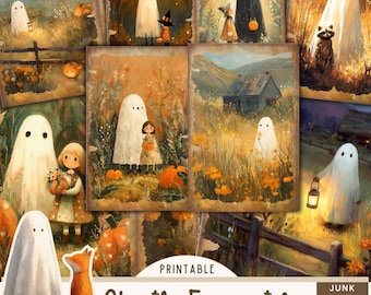 May include: A selection of printable "Ghostly Encounters" junk journal pages. The illustrations depict ghosts, children, pumpkins, and a fox in a vintage, autumnal style. The text "Printable" and "Junk Journal Pages" are included.