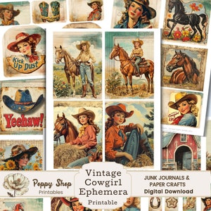 Cowgirl Ephemera, Vintage Cowgirl, Retro, Western, Country, Ephemera, Junk Journal, Printable, Ephemera, Junk Journal Kit, Collage Sheet