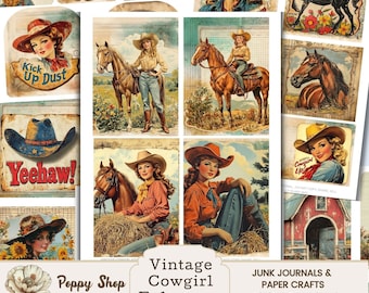 May include: A digital download of vintage cowgirl ephemera printable images. The images feature a cowgirl riding a horse, a cowgirl sitting on a bale of hay, a cowgirl with a red barn, and a cowgirl with a horseshoe and a star.
