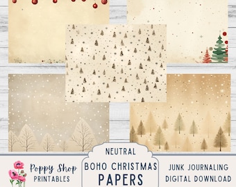 Neutral Boho Christmas Papers, Junk Journal, Papers, Printable, Digital Paper, Snowy, Christmas, 8.5x11, background, Digital Download.