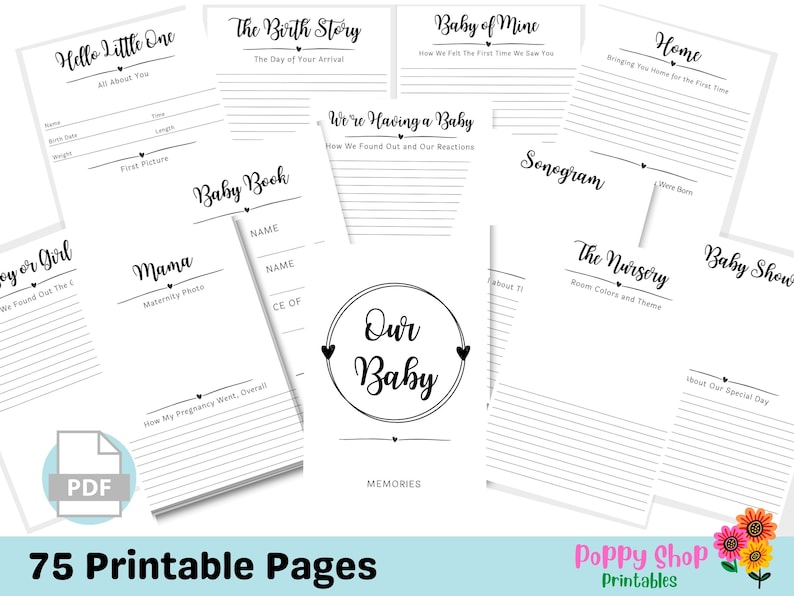 K&ouml;nnte beinhalten: Ein Satz von 75 druckbaren Seiten f&uuml;r ein Baby-Erinnerungsbuch. Die Seiten beinhalten Abschnitte f&uuml;r "Hello Little One", "The Birth Story", "Baby of Mine", "Home", "Boy or Girl", "Mama", "We're Having a Baby", "Sonogram", "The Nursery", and "Baby Shower".