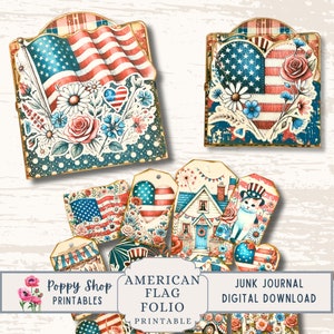 Folio patriotique, Amérique, drapeau, kit folio imprimable, folio pour journal indésirable, chemise de poche pliante, journal éphémère, imprimable, 4 juillet
