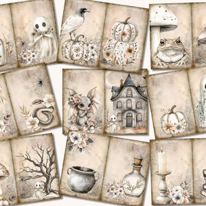 Peut inclure: Un ensemble de 12 papiers num&eacute;riques imprimables sur le th&egrave;me d'Halloween. Les papiers pr&eacute;sentent des illustrations de fant&ocirc;mes, de citrouilles, de champignons, d'un cr&acirc;ne, d'un chaudron, d'un corbeau, d'un serpent, d'un crapaud, d'une maison et d'une bouteille. Les papiers sont de style vintage avec un fond beige et des accents bruns.