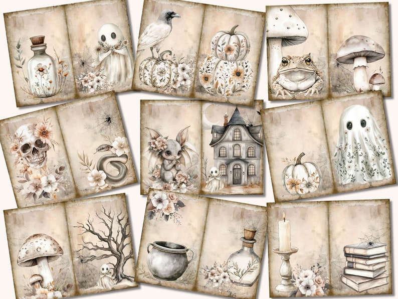 Peut inclure: Un ensemble de 12 papiers num&eacute;riques imprimables sur le th&egrave;me d'Halloween. Les papiers pr&eacute;sentent des illustrations de fant&ocirc;mes, de citrouilles, de champignons, d'un cr&acirc;ne, d'un chaudron, d'un corbeau, d'un serpent, d'un crapaud, d'une maison et d'une bouteille. Les papiers sont de style vintage avec un fond beige et des accents bruns.
