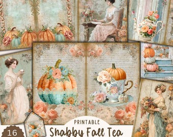 Shabby Chic Fall Junk Journal Pages, Vintage Autumn Florals & Pumpkins, Thanksgiving Junk Journal Printables Kit, Victorian Tea and Women