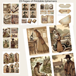 May include: A digital collage sheet with vintage illustrations of people, buildings, and objects. The sheet includes images of a woman in a brown dress, a man in a suit, a microscope, a car, and a house. The sheet is designed for scrapbooking, card making, and other paper crafts.