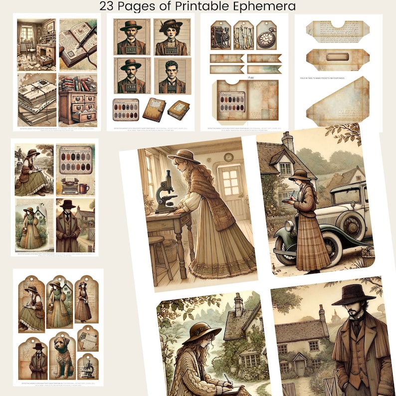 May include: A digital collage sheet with vintage illustrations of people, buildings, and objects. The sheet includes images of a woman in a brown dress, a man in a suit, a microscope, a car, and a house. The sheet is designed for scrapbooking, card making, and other paper crafts.