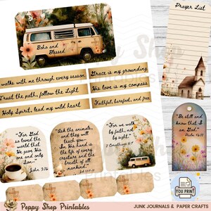 May include: A collection of printable paper crafts with a boho and blessed theme. Includes a vintage van illustration, scripture quotes, a prayer list, and floral accents. Perfect for junk journals and paper crafts.