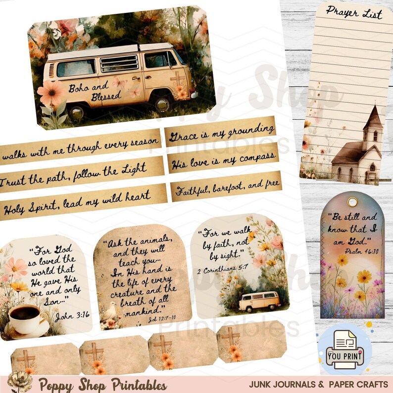 May include: A collection of printable paper crafts with a boho and blessed theme. Includes a vintage van illustration, scripture quotes, a prayer list, and floral accents. Perfect for junk journals and paper crafts.