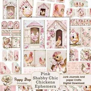 Efímera de pollo Shabby Chic, Efímera de pollo, Gallinero, Kit de diario basura, Decoupage imprimible, Álbum de recortes, Hoja de collage, Papel digital