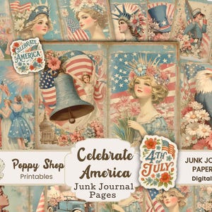 Patriotic Junk Journal, 4 juli Journal Page, Vintage Fourth of July-afbeeldingen, America Ephemera, USA, Vintage America Printable, Celebration