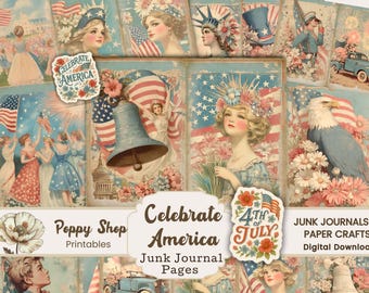 Patriotische 4.Juli Junk Journal Seiten und Ephemera Kit, Vintage Amerika Printable, Instant Download