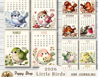 2026 Printable Calendar Cards, Birds Monthly Calendar for Junk Junk Journal Ephemera and Planner Inserts, Digital Download PDF