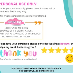 K&ouml;nnte beinhalten: Ein digitales Download-Produkt mit einem rosa und blauen Hintergrund. Der Text lautet "FOR PERSONAL USE ONLY" und "WICHTIG: KEINE R&Uuml;CKERSTATTUNG WIRD GEGEBEN, WEIL ES SICH UM EIN DIGITALES PRODUKT HANDELT, DAS SOFORT HERUNTERGELADEN WERDEN KANN. KEINE R&Uuml;CKERSTATTUNG WIRD ERSTATTET." Der Text lautet auch "Wenn Sie Ihren Kauf lieben, ziehen Sie bitte in Erw&auml;gung, eine REZENSION zu hinterlassen, dies hilft meinem kleinen Unternehmen zu wachsen! Danke!" mit f&uuml;nf gelben Sternen und einem Smiley. Der Text lautet auch "DENKEN SIE DARAN: DIES IST EIN HERUNTERLADBARES DRUCKPRODUKT, KEIN PRODUKT WIRD AN SIE VERSANDT."