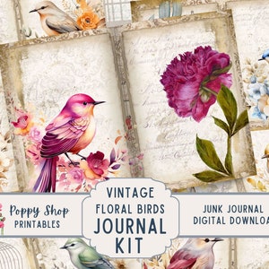 Kit de journal indésirable oiseaux, vintage, oiseaux aquarelles, journal indésirable, fleurs, nature, imprimable, oiseaux éphémères, pages de journal, téléchargement numérique