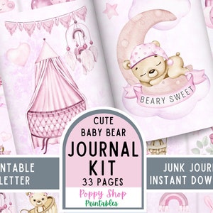 Junk Journal Kit, Baby Book, Baby Girl, Teddy Bear, Boho, Vintage, Printable, Journal Kit, Printable Baby Journal, Pink, Instant Download