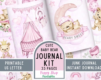 Pink Baby Bear Junk Journal Pages and Ephemera Book Kit, Baby Book, Instant Download