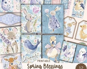 Spring Blessings Ephemera Printable, Easter Bunny Cottagecore Junk Journal Kit, Printable