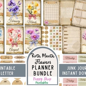 Op de afbeelding: Printbare plannerbundel met geboortemaandsbloemen, met een vintage esthetiek. Bevat maandelijkse kalenderpagina's, dagelijkse plannerpagina's en decoratieve elementen. Direct download van het Junk Journal.