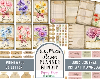Printable Planner Junk Journal Bundle, Birth Flower Monthly Floral Planner, Month, Weekly, Calendar, Planner Pages, Planner Insert, Ephemera
