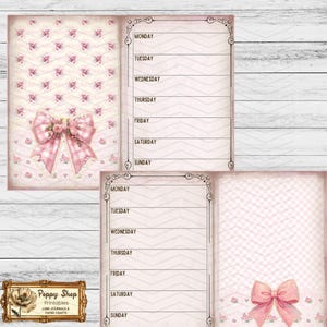 May include: Printable weekly planner with a pink and white floral pattern and a pink bow. The planner has a space for each day of the week, Monday through Sunday. The text "Poppy Shop Printables Junk Journals & Paper Crafts" is at the bottom of the page.