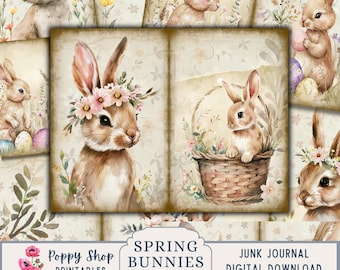 Bunny Junk Journal Pages, Vintage Spring Rabbit. Easter Bunnies Printable Paper Craft, Digital Download