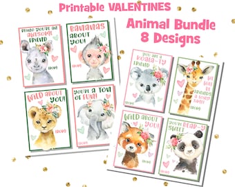 Safari Animal Valentines Day Cards, Animal, Bundle, Valentine, Printable, Classroom Valentine, Kids Valentines Day Cards, Instant Download