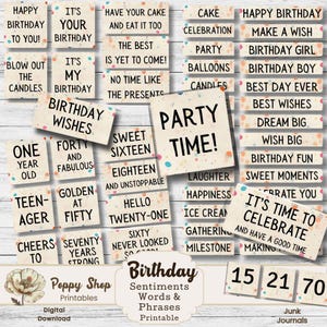 Birthday Junk Journal Words, Birthday Sentiments, Birthday Words & Phrases, Word Strips, Quotes, Ephemera, Scrapbook, Card Making, Fussy Cut