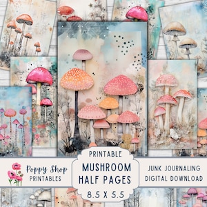 Papéis de meia página do Mushroom Junk Journal, para impressão, cogumelo de inverno, pastel, neutro, vintage, caprichoso, enfeite, download digital
