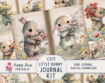 Bunny Junk Journal Pages and Ephemera Kit, Woodland Rabbit Floral Stationery, Printable Instant Download