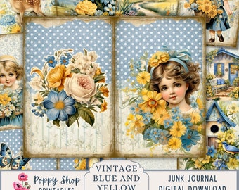 Vintage Junk Journal, Blau und Gelb. Shabby, Blumen Junk Journal Kit, Junk Journal, Viktorianisch, bedruckbar, Papier, Journal Seite, Digi Kit