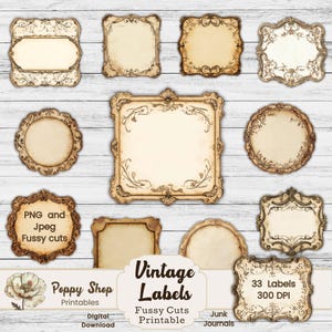 Blank Vintage Labels, Fussy Cuts Labels, PNG Labels, Neutral, Junk Journal, Ephemera, Scrapbook, Decoupage, tags, Framed Labels, Card Making