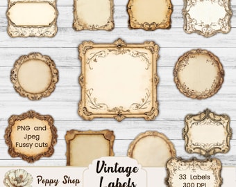 Blank Vintage Labels Fussy Cuts  PNG,  Neutral Junk Journal Ephemera Framed Label