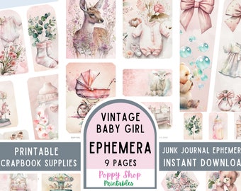May include: A set of 9 printable pages of vintage baby girl ephemera. The pages feature illustrations of a baby carriage, a baby in a onesie, a baby deer, a teddy bear, a lamb, a carousel, and other baby-related items. The pages are perfect for scrapbooking, card making, and other crafting projects.