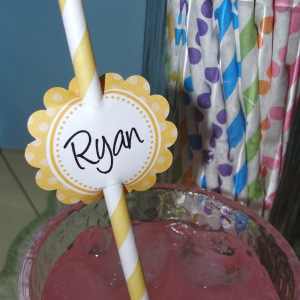 Yellow Striped Paper Straws 50 with DIY Printable Name Tags