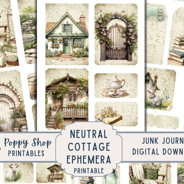 Cottage Ephemera, Neutral Cottage Journaling, Cottage Life, Farm, Vintage, Botanical, Junk Journal Kit, Printable, Scrapbook, Download