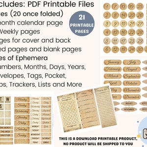 May include: A printable planner kit with 21 pages, including a monthly calendar, weekly pages, and ephemera. The ephemera includes numbers, months, days, years, envelopes, tags, pockets, tabs, trackers, lists, and more. The kit is a digital download and no physical product will be shipped.
