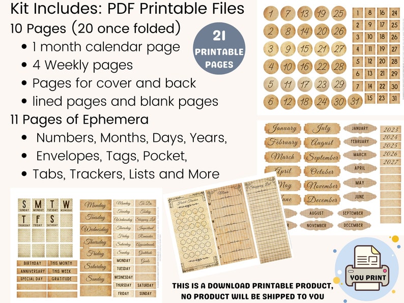 May include: A printable planner kit with 21 pages, including a monthly calendar, weekly pages, and ephemera. The ephemera includes numbers, months, days, years, envelopes, tags, pockets, tabs, trackers, lists, and more. The kit is a digital download and no physical product will be shipped.