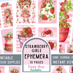 Éphémères fraises, éphémères de journal indésirable, fraise, Strawberry Girls, gâteau, imprimable, vintage, scrapbooking, éphémères. Téléchargement instantané