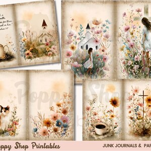 May include: A collection of vintage-style junk journal pages with watercolor illustrations. The pages feature floral arrangements, churches, a cat, a teapot, and a coffee cup. Text includes a Bible verse and the shop name "Poppy Shop Printables."