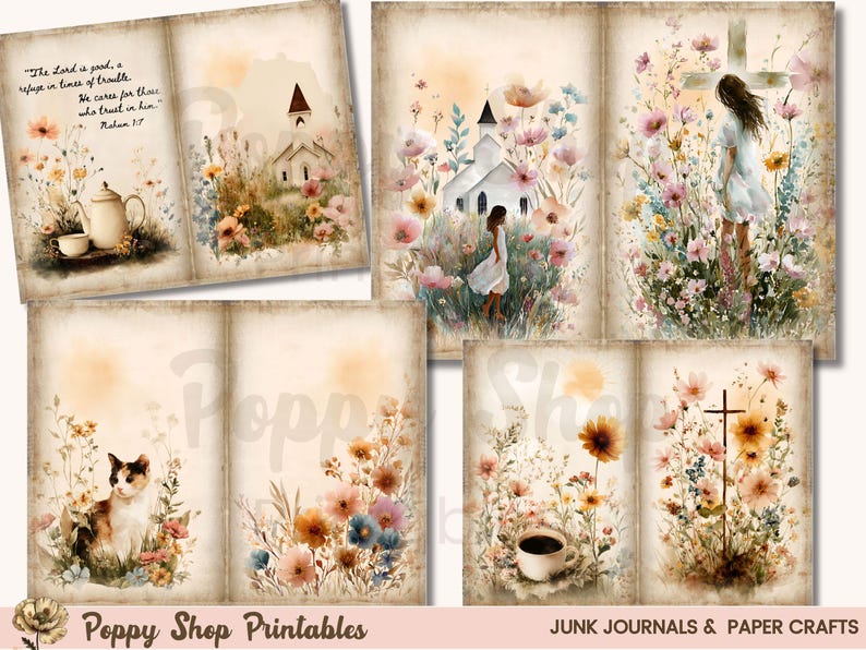 May include: A collection of vintage-style junk journal pages with watercolor illustrations. The pages feature floral arrangements, churches, a cat, a teapot, and a coffee cup. Text includes a Bible verse and the shop name "Poppy Shop Printables."