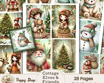 May include: A digital download of 28 printable pages featuring cottage elves, friends, and winter scenes. The illustrations include a snowman, Santa Claus, a raccoon, a bird, a deer, and a Christmas tree. The text on the image reads "Cottage Elves & Friends Ephemera Printable" and "28 Pages Digital Download".
