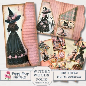 Folio sorcière, pochette d'Halloween, Halloween rose, noyau de chalet, journal indésirable, imprimable, Halloween, chemise de poche pliante, créations en papier, éphémères